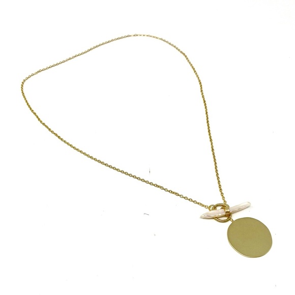 New Free People Gold Pearl Freshwater Toggle Necklace Minimalistic - Picture 1 of 7